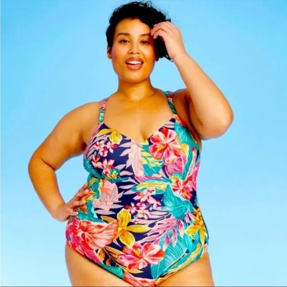 Kona Sol lace up back one piece swimsuit tropical size 18W